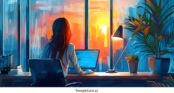 woman coding in front of sunset