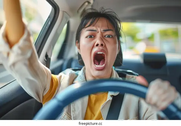 Asian woman having road rage while driving