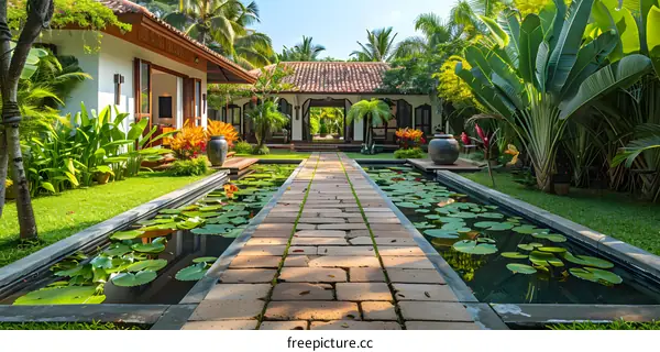 Tropical Garden with Stone Path and Water Features