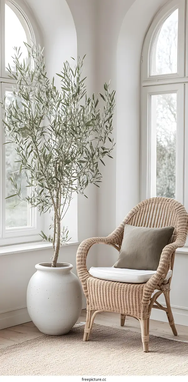 White Potted Olive Tree and Wicker Chair in Minimalist Room