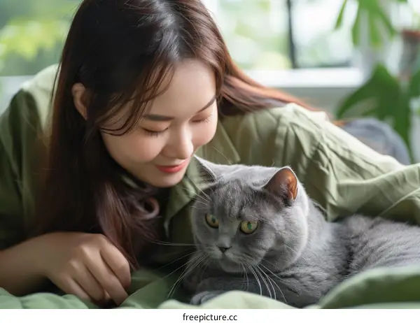 Woman and Cat Bonding in a Cozy Home Setting