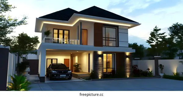 Modern Two Story House Design with Balcony and Carport