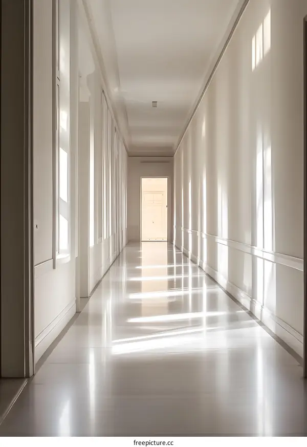 Empty White Corridor with Light Streaming in