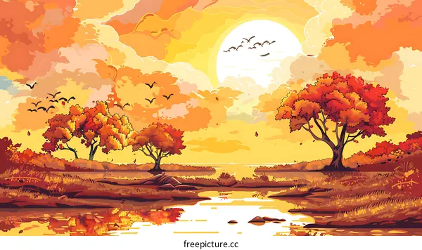 Autumn Landscape with Stream and Trees