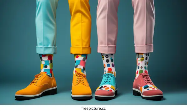Three people wearing colorful socks and shoes