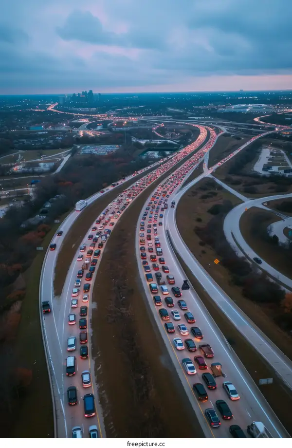 Six-Lane Highway Traffic at Dusk