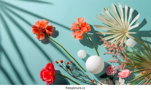 Summer Floral Background With Palm Leaves And White Balls