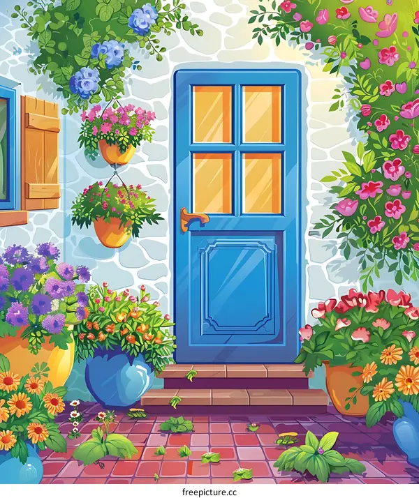 Blue Door With Floral Decor In Front Of House
