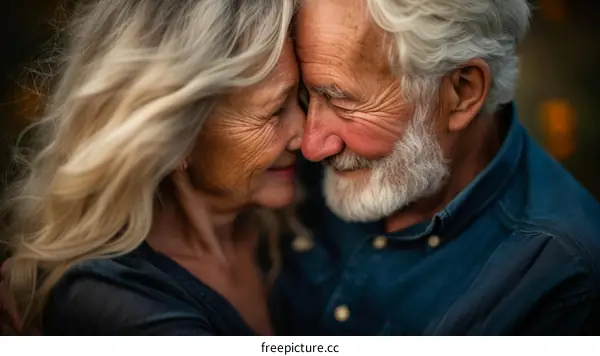 An elderly couple is leaning in to kiss each other.