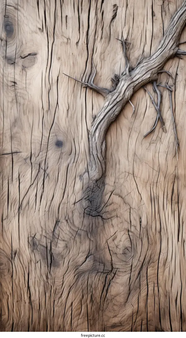 Weathered wooden plank with a branch