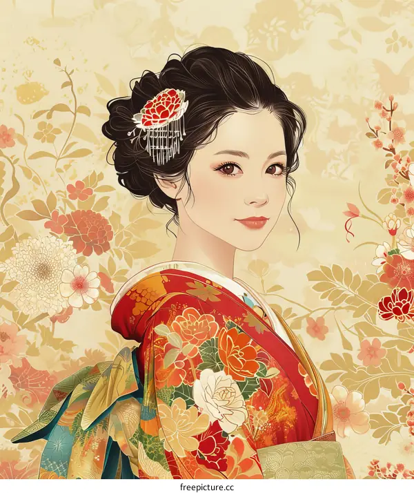A beautiful Japanese woman in a kimono with a floral background