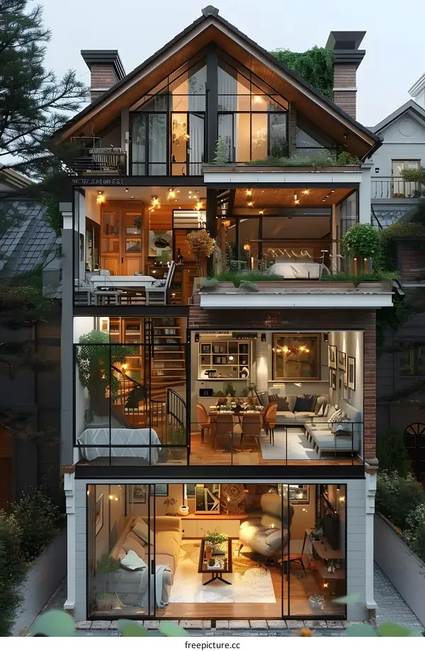 Modern glass house with 3 floors