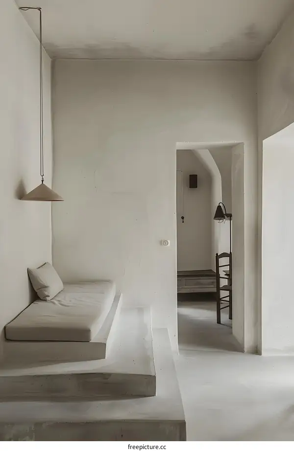 Minimalist Interior Design with White Walls and Concrete Platform Seating