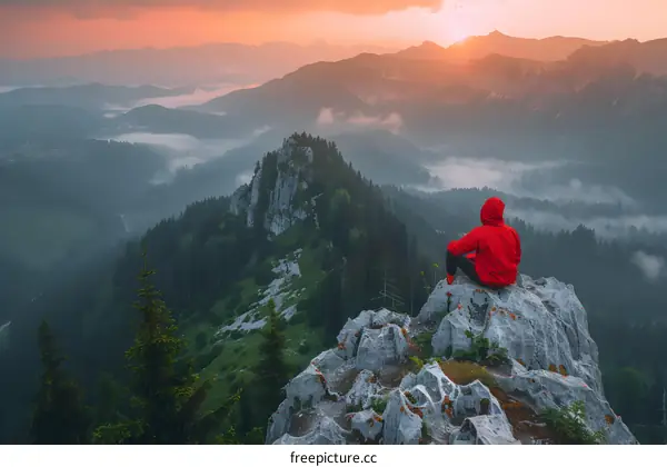 Solo Hiker Sitting On Mountain Peak At Sunset With View Over Mist Covered Valley