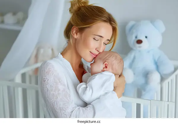Mother and Newborn Baby Bonding Moment in Nursery