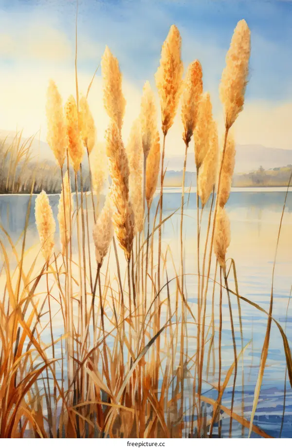 Autumn Watercolor Painting of Bulrushes by the Lake