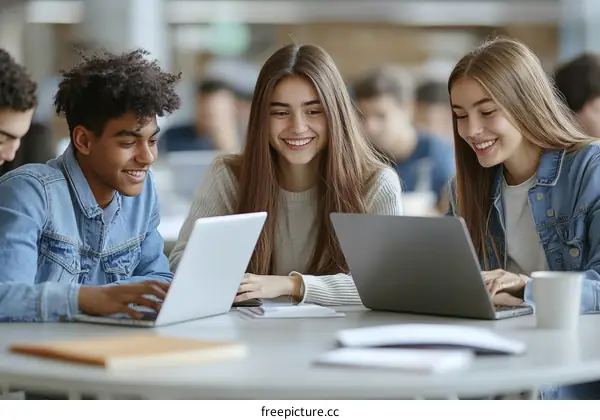Students working together on laptops in a college library