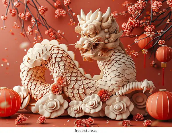 Delicate Wood Carving of a Chinese Dragon Statue