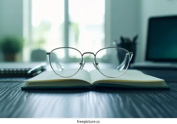 silver eyeglasses on opened book on desk with blurred background