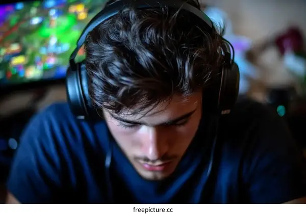 Focused Gamer with Headphones