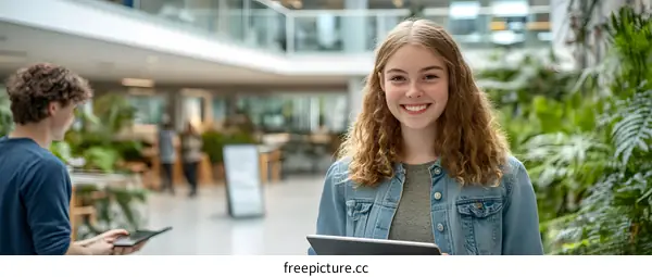 Smiling Young Woman Holding Tablet Computer in Modern Building