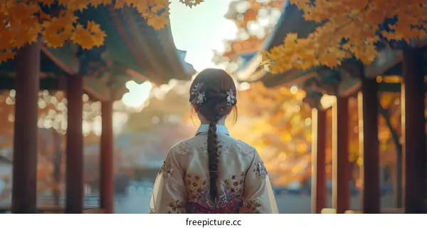 A woman in a hanbok is walking in a traditional Korean courtyard.