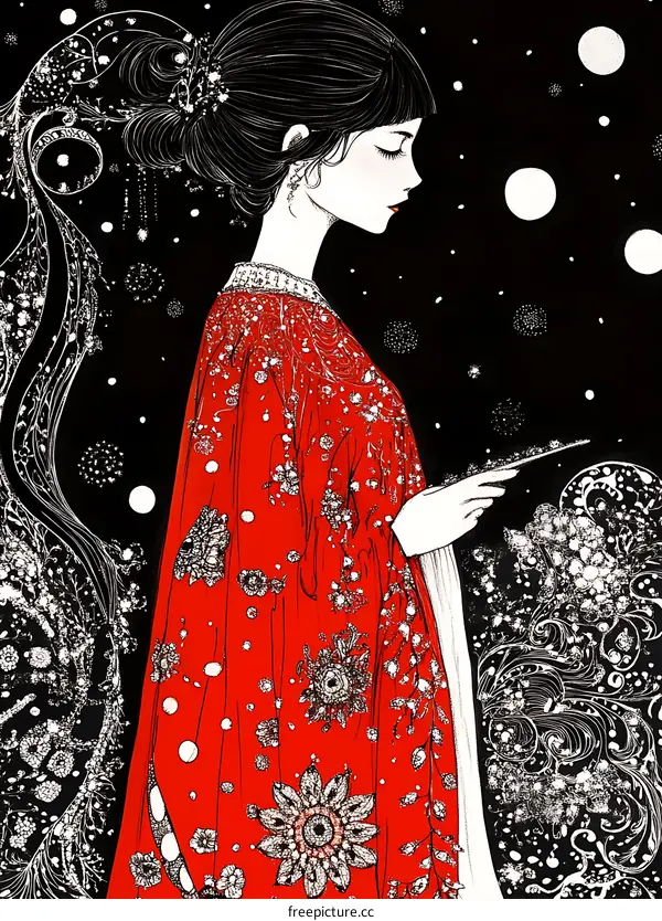Elegant Woman in Red Dress with Flowers on her Dress and a Starry Background