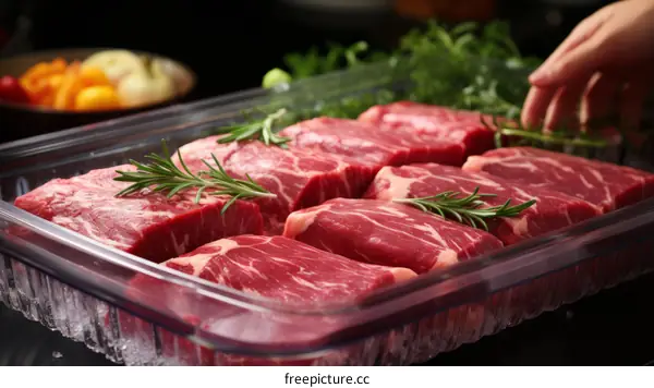 Raw beef steaks in a transparent plastic tray with rosemary