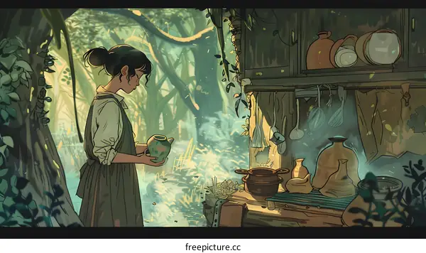Woman Holding a Jar in a Forest Kitchen