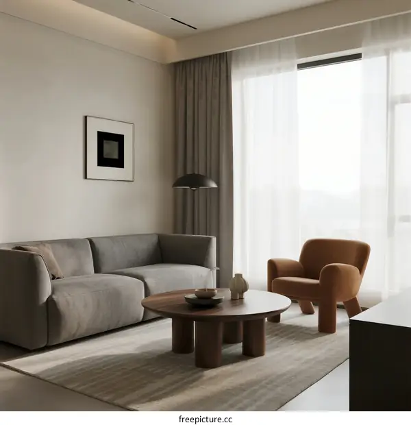 Modern living room with gray sofa and orange armchair