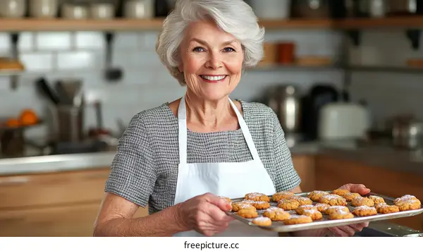Smiling Senior Woman Holding Baking Tray with Cookies