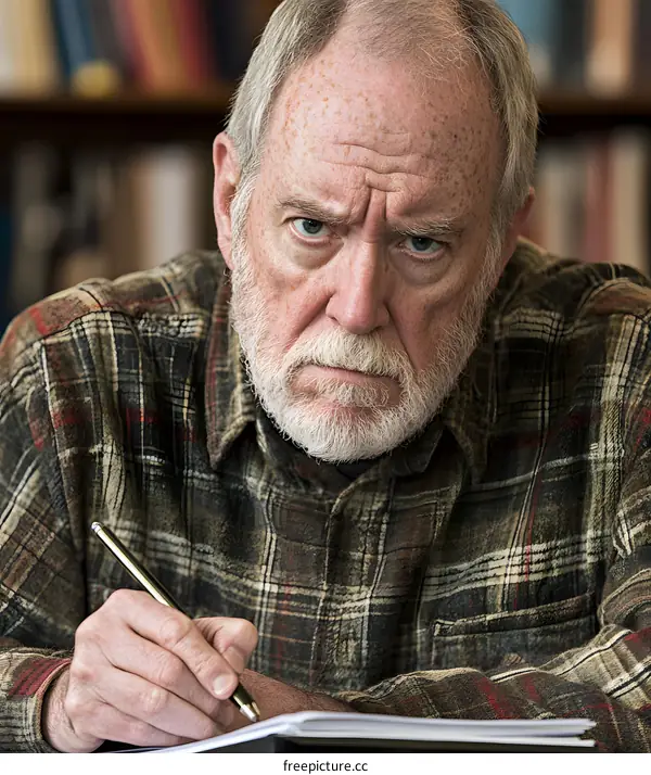 Senior man writing in a notebook