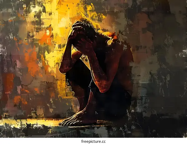 A dark figure sits on the floor with its head in its hands