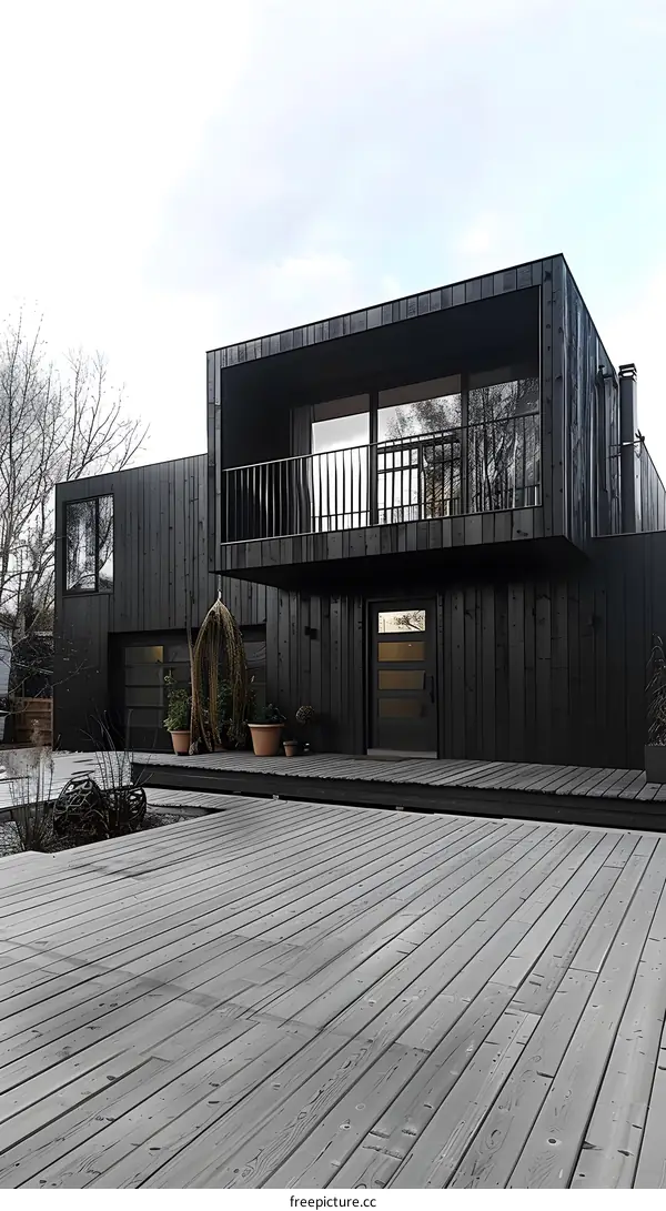 Modern Black House with Wooden Deck and Balcony