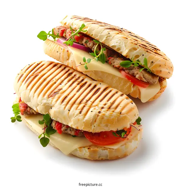 Two toasted sandwiches with cheese, tomato and microgreens on a white background