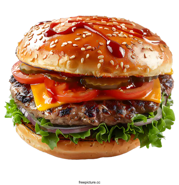 [Transparent Background PNG]yummy cheeseburger with pickles and ketchup