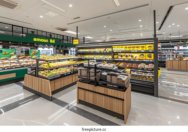 Modern Grocery Store Interior Design With Yellow and Black Shelving