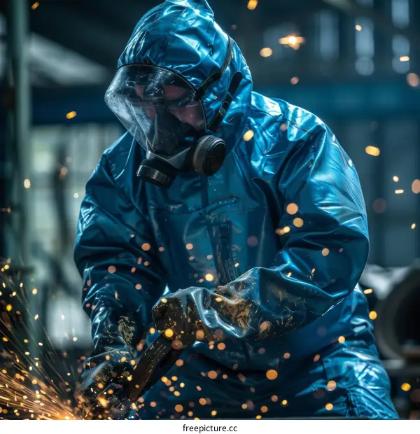 Industrial worker wearing protective gear and using a grinder in a factory