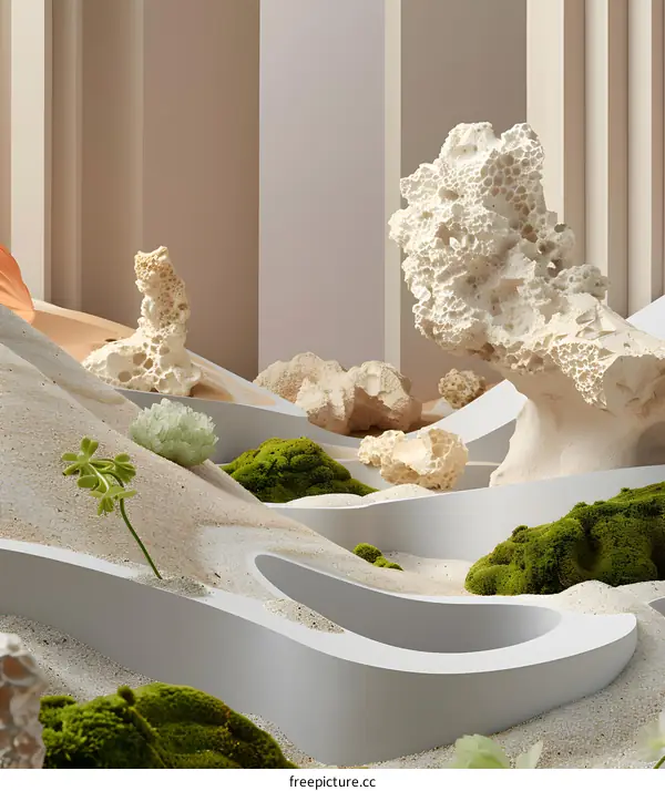 Abstract Minimalist Sculpture with Sand and Moss