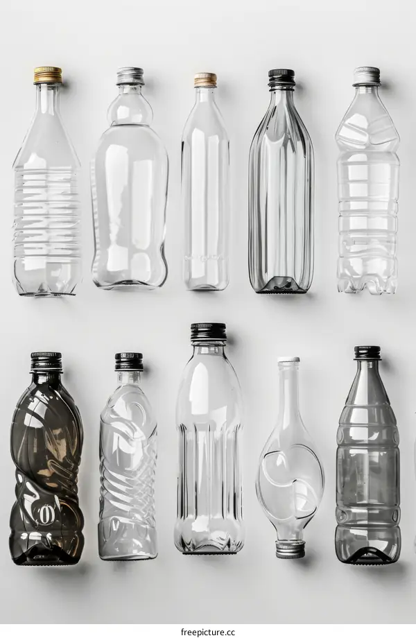 Transparent plastic bottles of different shapes and sizes