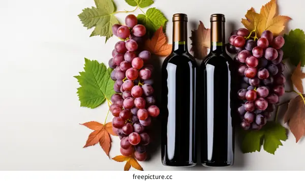 Two bottles of red wine with a bunch of red grapes and green leaves on a white background