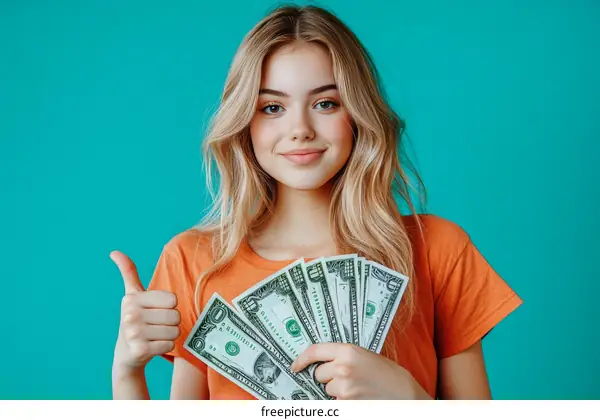 Young Woman Holding Money Showing Success