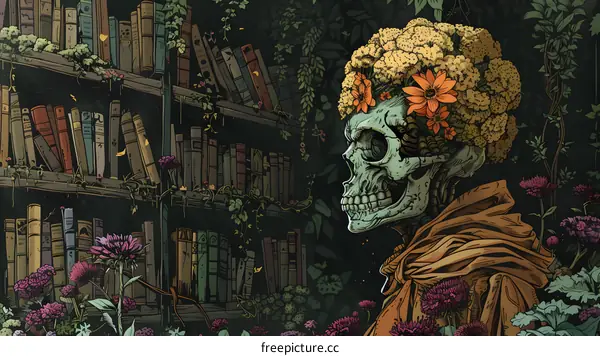 A skull with a flower headdress in a library