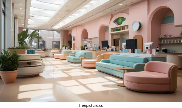 Waiting Area in Retro Futuristic Style with Pink and Blue Furniture