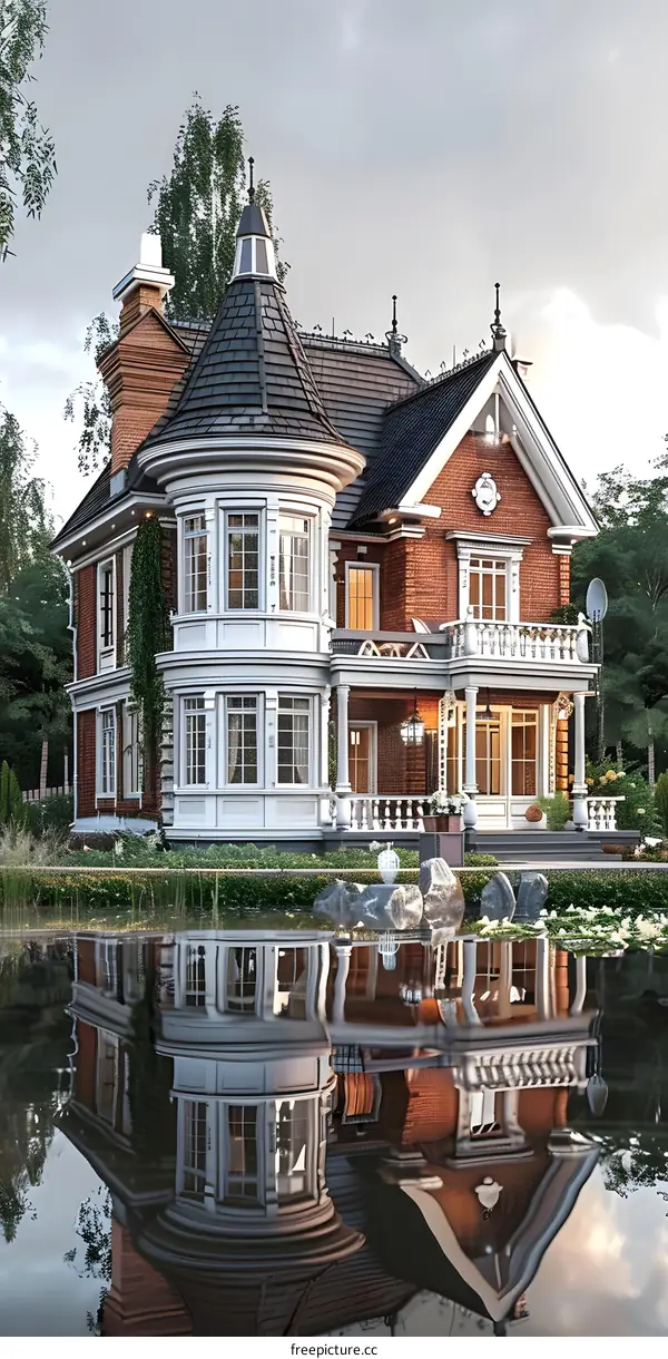 European-style house with a tower and a pond in front of it