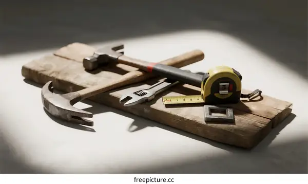 Various hand tools placed on a wooden board for construction work