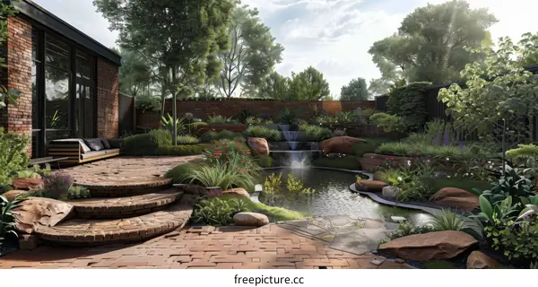 A Peaceful Garden with a Waterfall and a Patio