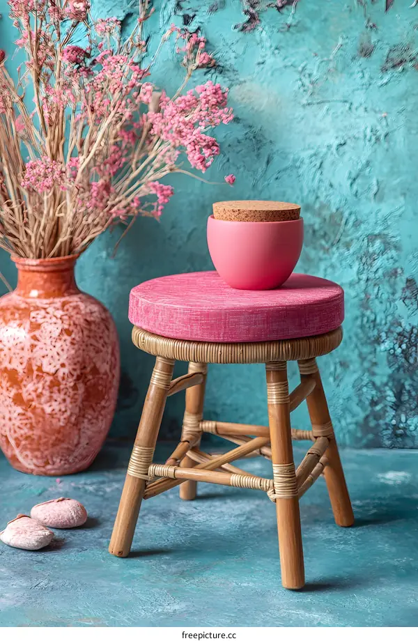 Pink Ceramic Jar on a Wooden Stool with Dried Flowers and a Blue Background