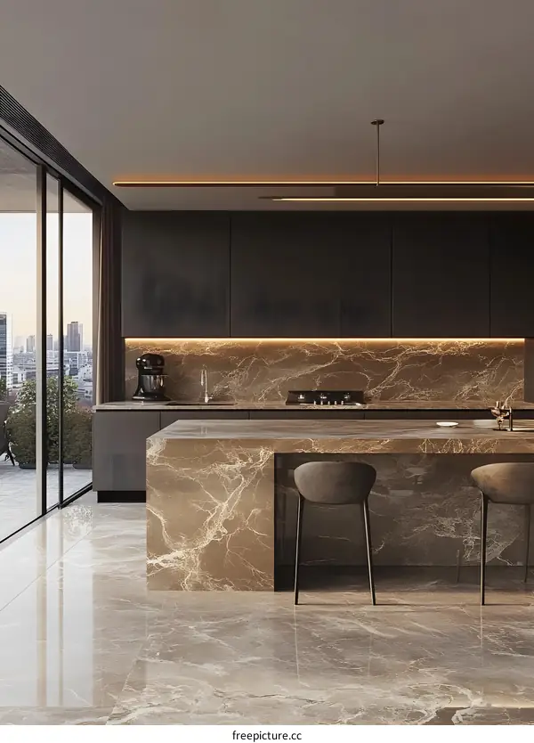 Modern Kitchen Interior Design With Marble Countertops And City View