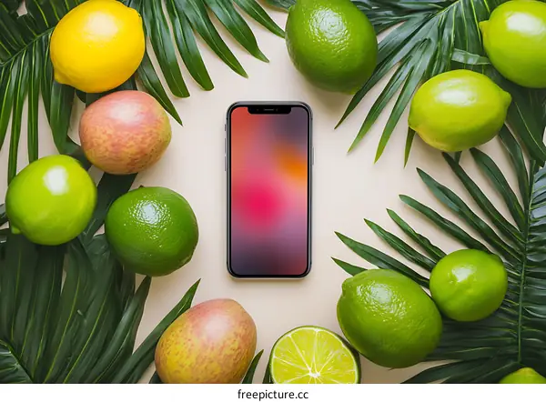 Summer Flat Lay with Smartphone and Fruit